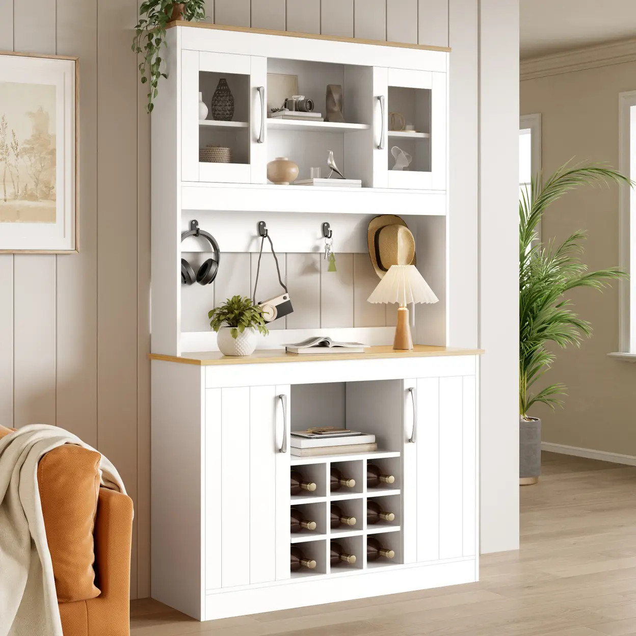 Küchenbuffet Buffetschrank mit Aufsatz 175 cm, Küchenschrank mit Glastüren, Weinregal und Hakenleiste, großer Geschirrschrank Vorratsschrank Küchenschrank für Küche Esszimmer Wohnzimmer