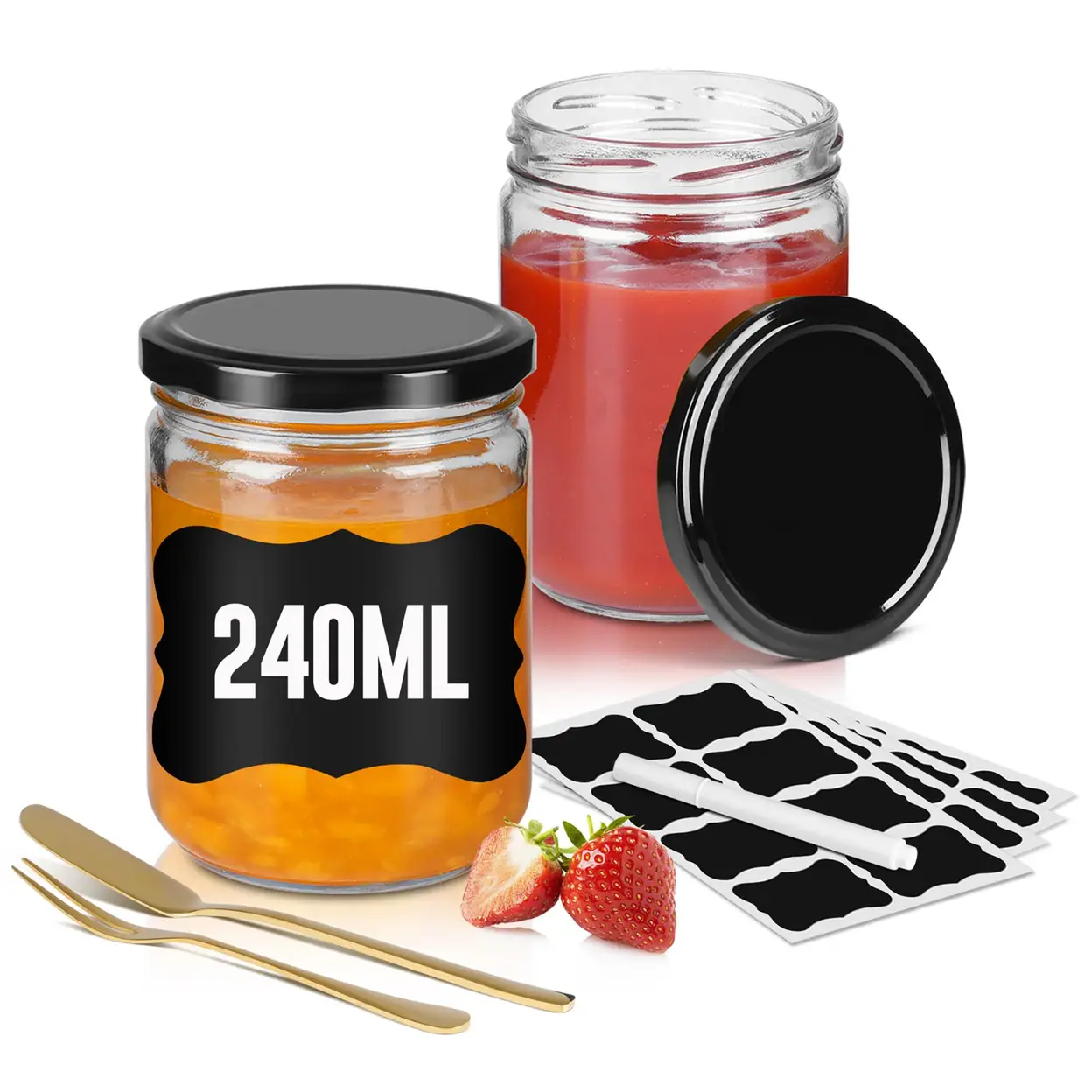 LZQ 12 Stück Marmeladengläser mit Schraubdeckel Einmachgläser Gläser für Marmelade, Inkl. Etiketten & Stift Schwarz 240 ml | Küchenaufbewahrung