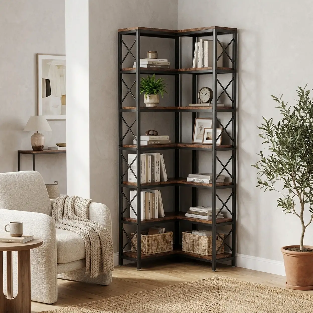 Eck-Bücherregal, hohes Bücherregal, industrielles großes Eckregal, freistehendes Eckregal, Aufbewahrungsregal mit Metallrahmen für Wohnzimmer, Zuhause, Büro (7 Regalböden) | Bücherregale & Regale