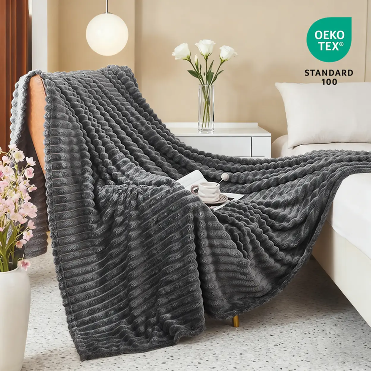 XLLX Kuschelige flauschige Decke, Gestreifte Flanelldecke, Couchdecke, Warme Kuscheldecke, Sofadecke, Vielseitige Decke für Bett, Sofa, Schlafzimmer, Büro, Superweiche Decke, Dunkelgrau 150x200 cm | Decken & Plaids