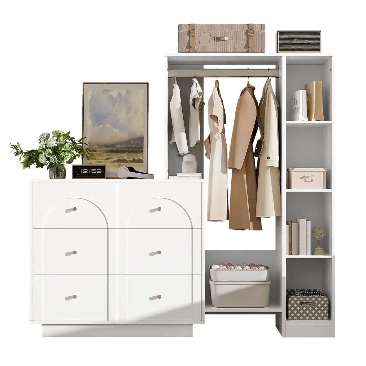 Kleiderschrank 139×35×133 cm, offen – Stange, 6 Schubladen, Regale Weiß | Kleiderschränke & Kleiderständer