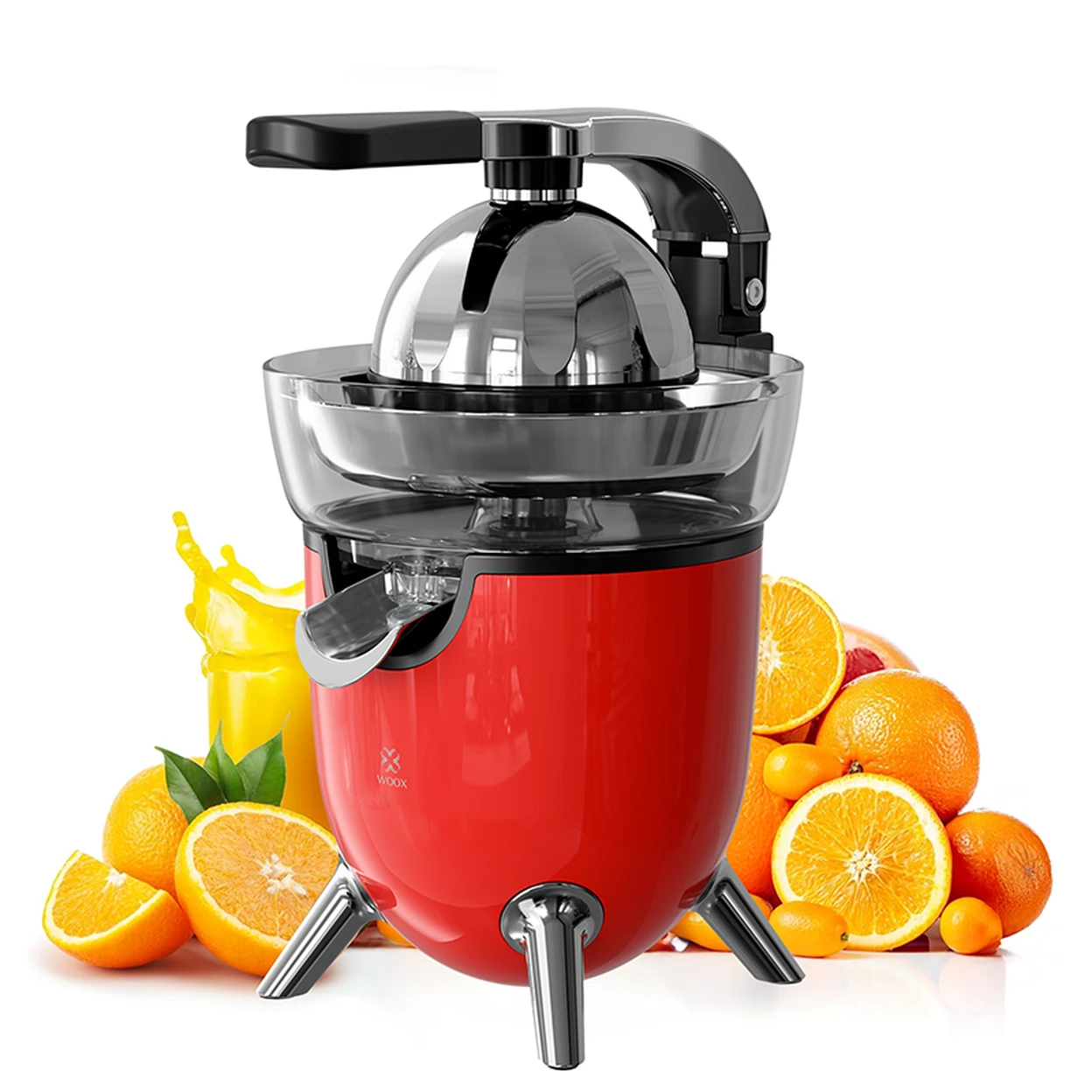 WOOX MX0217 elektrische Orangenpresse, 100 W, ABS + Edelstahl, Rot, Zitruspresse aus Edelstahl mit neuem ultrastarkem Motor und weichem Griff für müheloses Entsaften, Abschaltautomatik, spülmaschinenfeste Teile, Fruchtfleischregulierung
