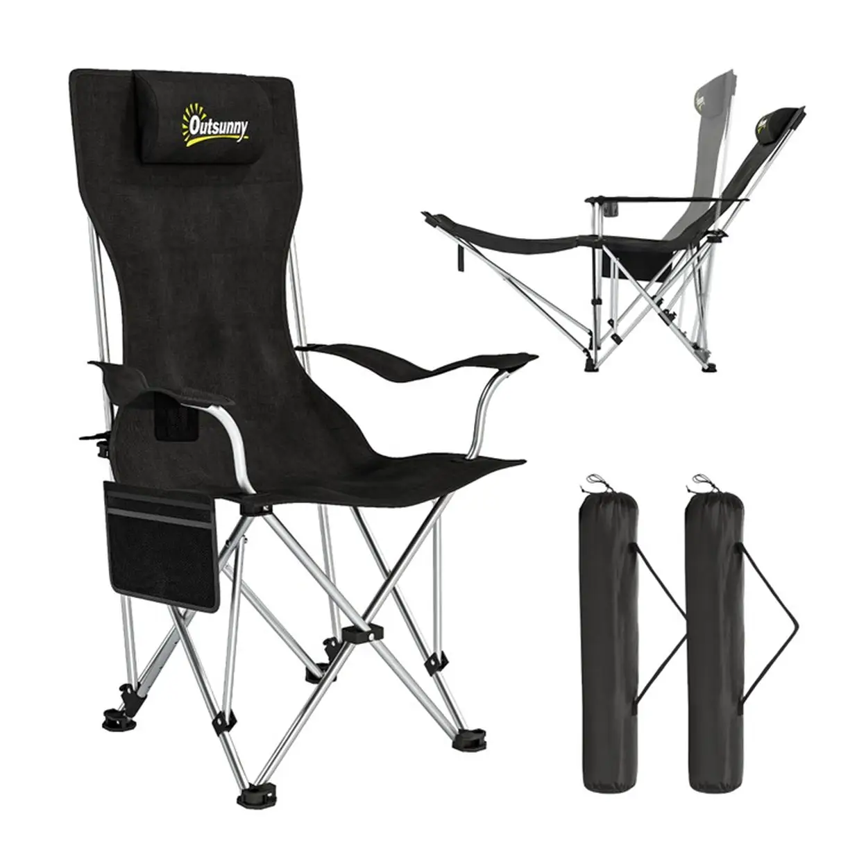 Outsunny 2er Set Campingstuhl faltbar Angelstuhl mit 4 fach verstellbare R[ckenlehne abnehmbar Fußablage Getränkehalter Kopfstütze Gartenstuhl 120 kg Liegestuhl für Erwachsene Klappstuhl Strandstuhl | Gartenmöbel & Zubehör