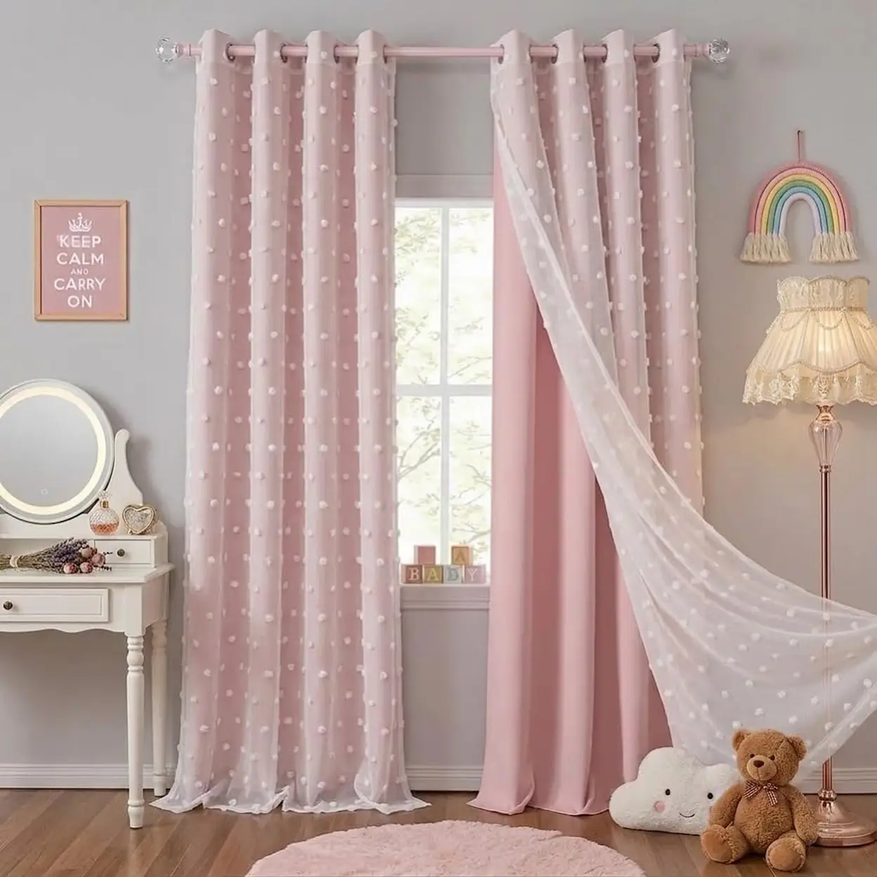 PONY DANCE Rosa Vorhänge für Wohnzimmer, Wärmeisolierende Raumverdunkelnde Vorhänge mit Pompon, Transparent, Doppellagiger Vorhang für Mädchenzimmer, B 140 × L 245 cm, Blush Pink, 2 Stück | Vorhänge