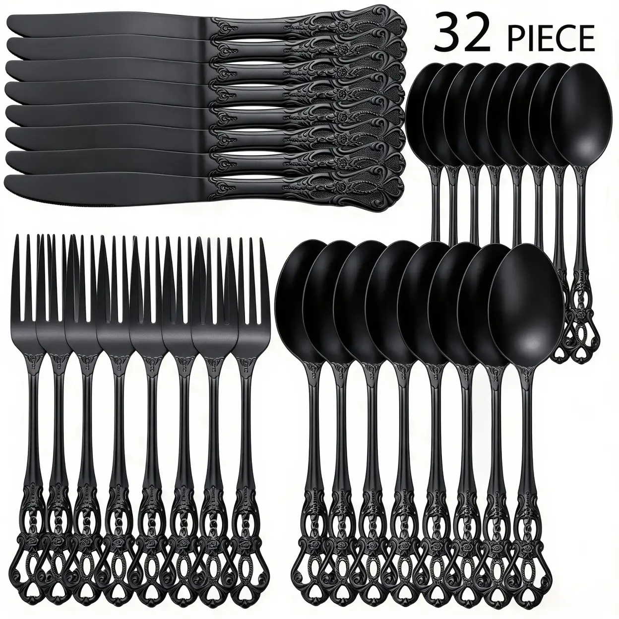 HUIKAILI Schwarzes Besteckset für 4/8 Personen, Edelstahl – Retro-Besteckset im königlichen Stil, 16/32-teiliges Besteck , Küchenutensilien einschließlich Löffel, Gabeln und Messer, spülmaschinenfest 32 teiliges | Besteck