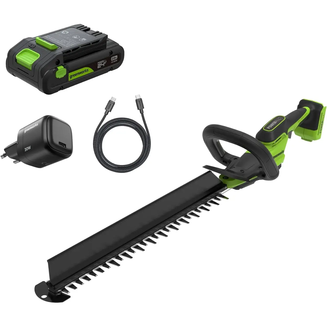 Greenworks Kit de tondeuse à haies sans fil 24 V 51 cm, Moteur sans balais, Capacité de coupe 28 mm, Lame à double action, Batterie 2,0 Ah et chargeur USB-C inclus, Balayeuse de haies HT2002A1