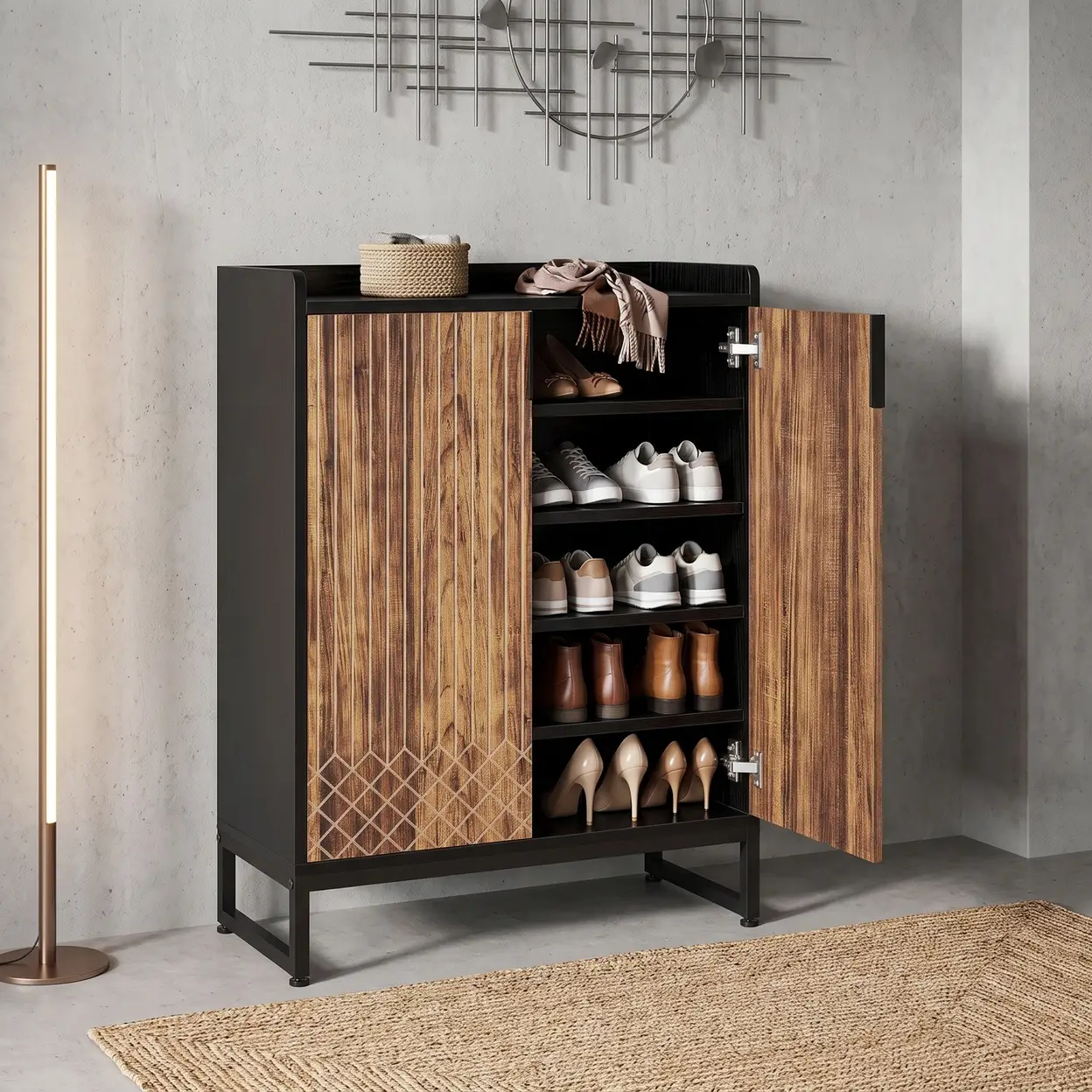Schuhschrank mit 2 Türen, 73 x 35 x 105 cm, Schuhregal für 25 Paar, Schuhschrank mit Metallrahmen, schmaler Schuhschrank, Schuhkommode für den Flur, Braun & Schwarz | Schuhaufbewahrung