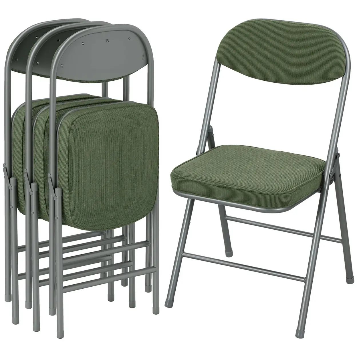 4er-Set gepolsterte Klappstühle, Faltbare Stühle mit Cordbezug, Rückenlehne, Metallrahmen, Grün | Esszimmerstühle & Bänke