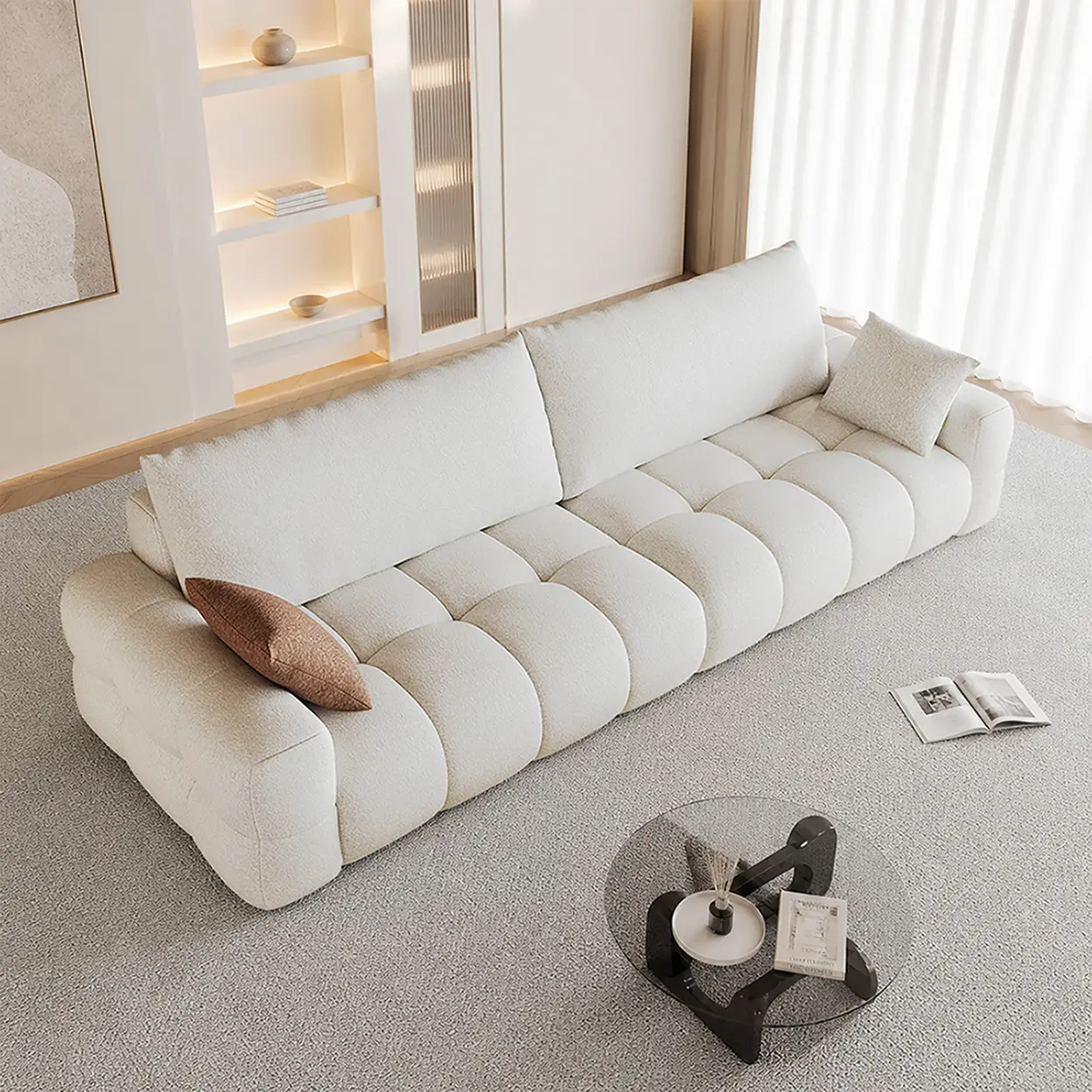 Kuscheliges Teddy-Puffsofa mit dicker, hochelastischer Polsterung – geeignet für Wohnzimmer, Ferienwohnung, Apartment, Mietwohnung und Geschäftsräume. Passt zu modernem, edlem sowie Retro-Einrichtungsstil Cremeweiß | Sofas, Sessel & Hocker