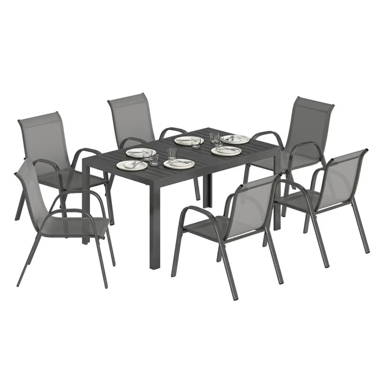 Outsunny Gartenmöbel Set Sitzgruppe 7-teilig Tisch mit 6 Atmungsaktiven Stapelstühlen Lamelldesign, wetterfest Essgruppe Gartenset Gartengarnitur für Garten Balkon Terrasse Hellgrau | Gartenmöbel & Zubehör