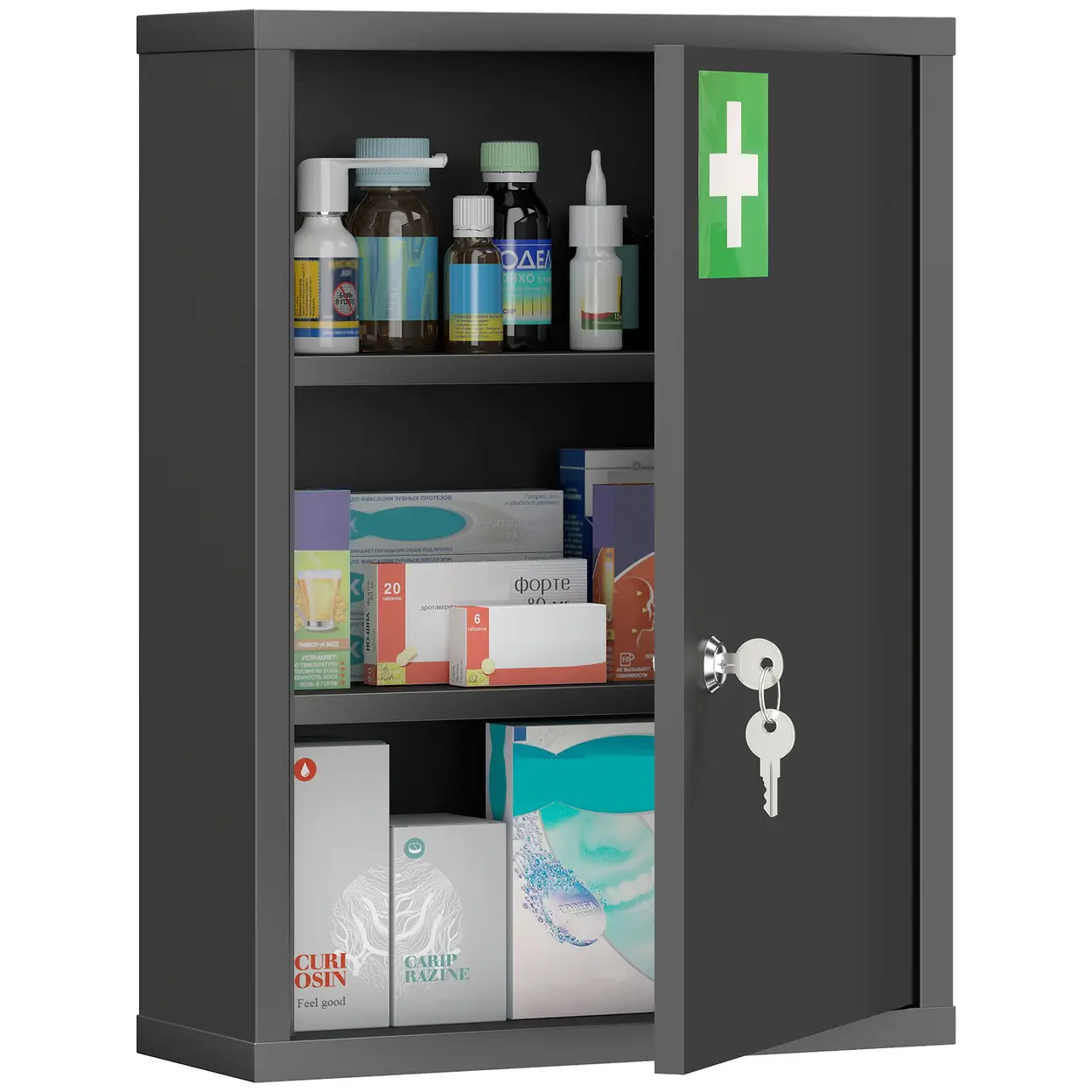 kleankin Medizinschrank, Apothekerschrank mit 3 Fächern, Medikamentenschrank, Abschließbarer Erste Hilfe Schrank mit 2 Schlüsseln, Stahl, Schwarz, 40 x 15 x 53,5 cm | Badezimmerschränke