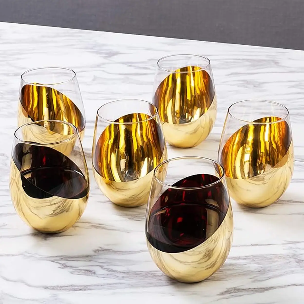 MyGift Modernes Weinglas-Set ohne Stiel, 6er-Set, Weiß- oder Rotweingläser mit messingfarbenem Metallic-Boden und schrägem Design | Glaswaren