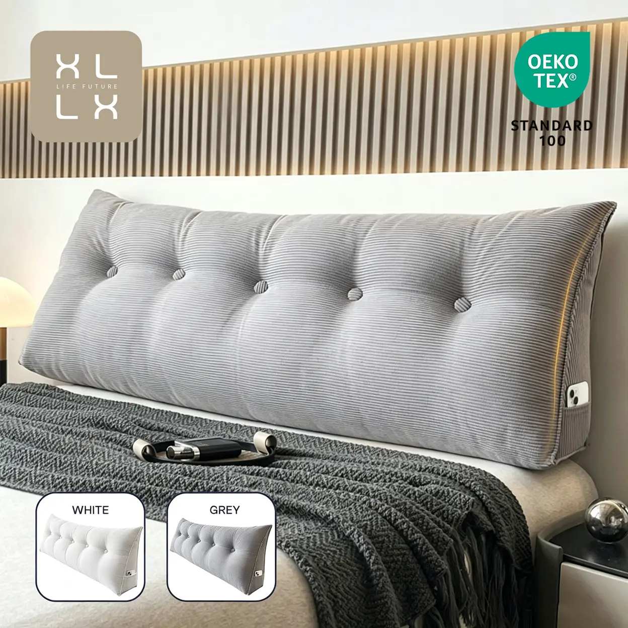 XLLX Rückenkissen - Lesekissen für Bett und Sofa, Keilkissen, Rückenlehne für Wand, Sitzkissen, Wandkissen, Groß mit waschbarem Bezug (Grau, 150 cm) | Kissen & Zubehör