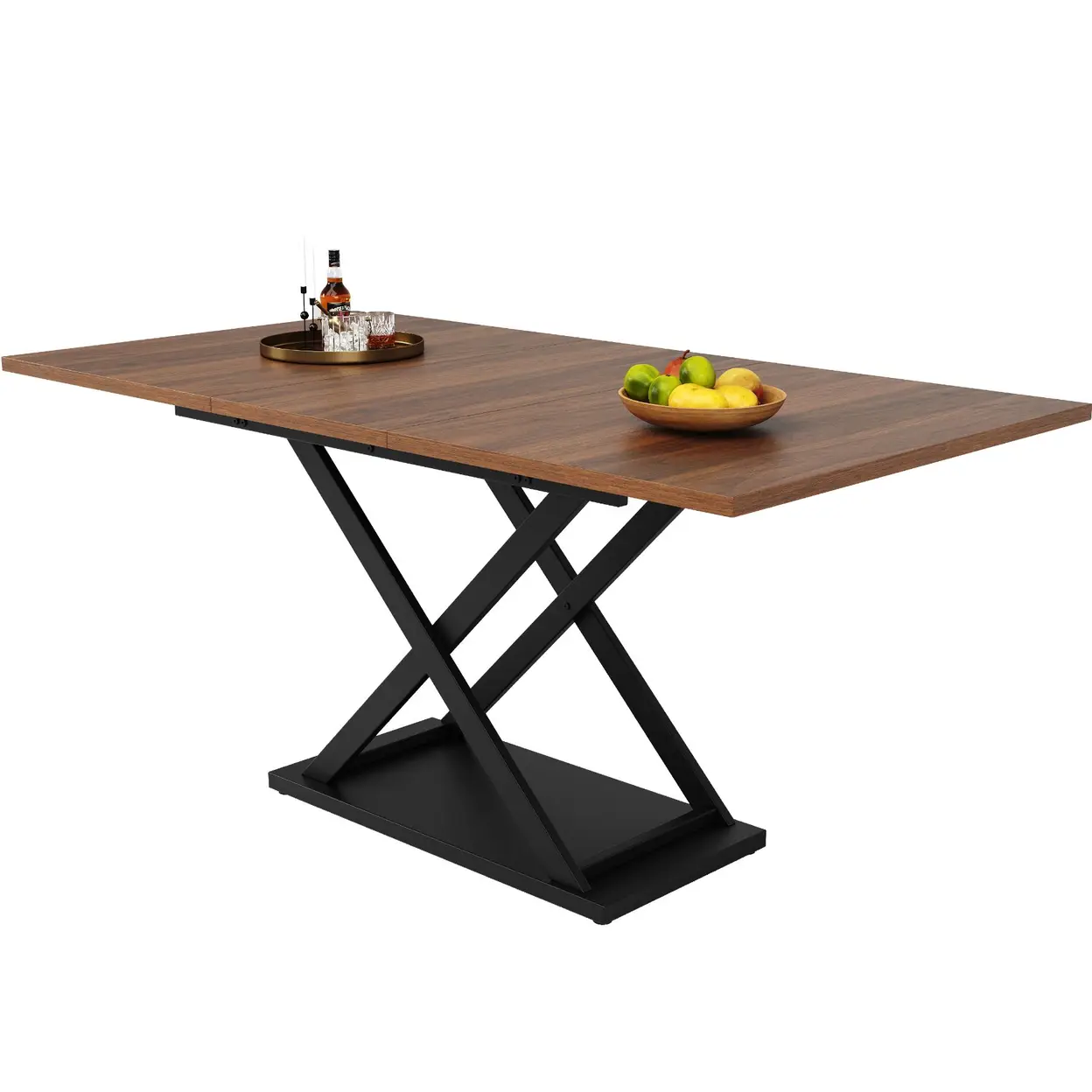 Teleskop-Esstisch (120-160 × 80 cm), ausziehbarer Esstisch, platzsparender Küchentisch, schwarze gekreuzte Eisenbeine, für Küche und Wohnzimmer, walnussfarbener Esstisch | Esstische