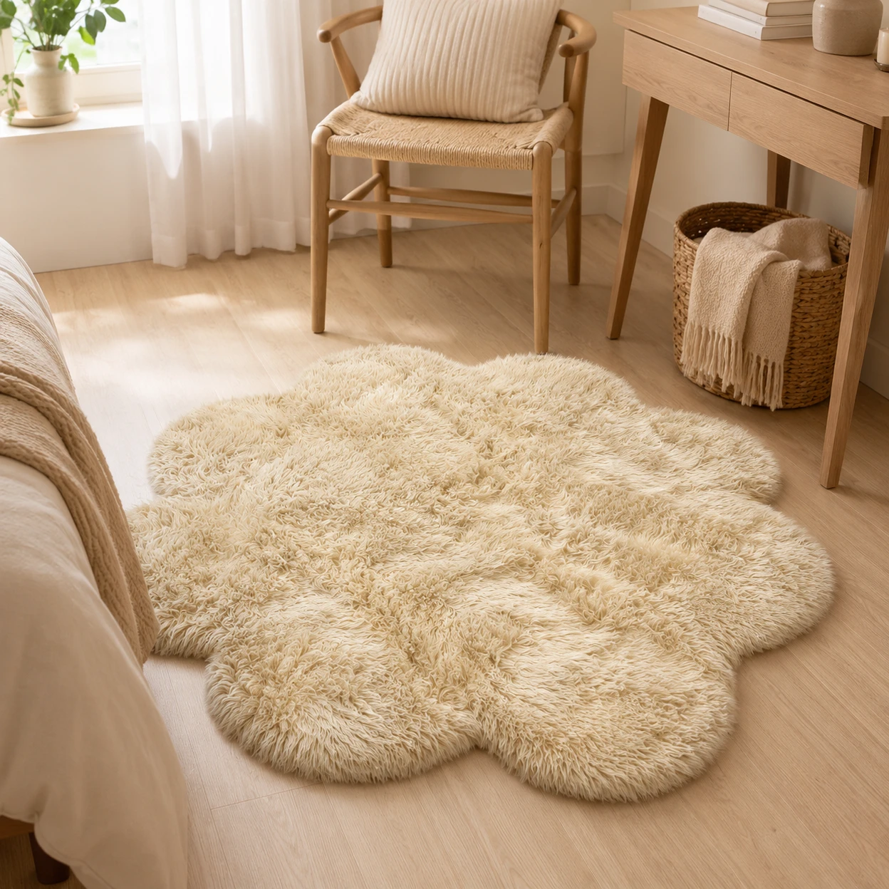 Großer Plüsch-Kunstwolle Blumenförmiger Teppich, 180 × 180 cm Weiche Shaggy Pflaumenblüten-Matte, Einzigartiger Rutschfester Teppich für Wohnzimmer, Schlafzimmer (Braun) | Teppiche, Läufer & Fußmatten