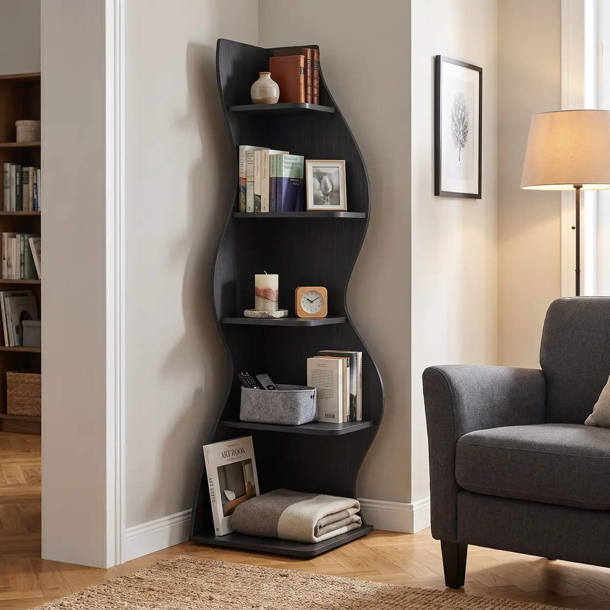 Eckregal mit 5 Ebenen, modernes Eck-Bücherregal für die Wand, schwarz | Bücherregale & Regale