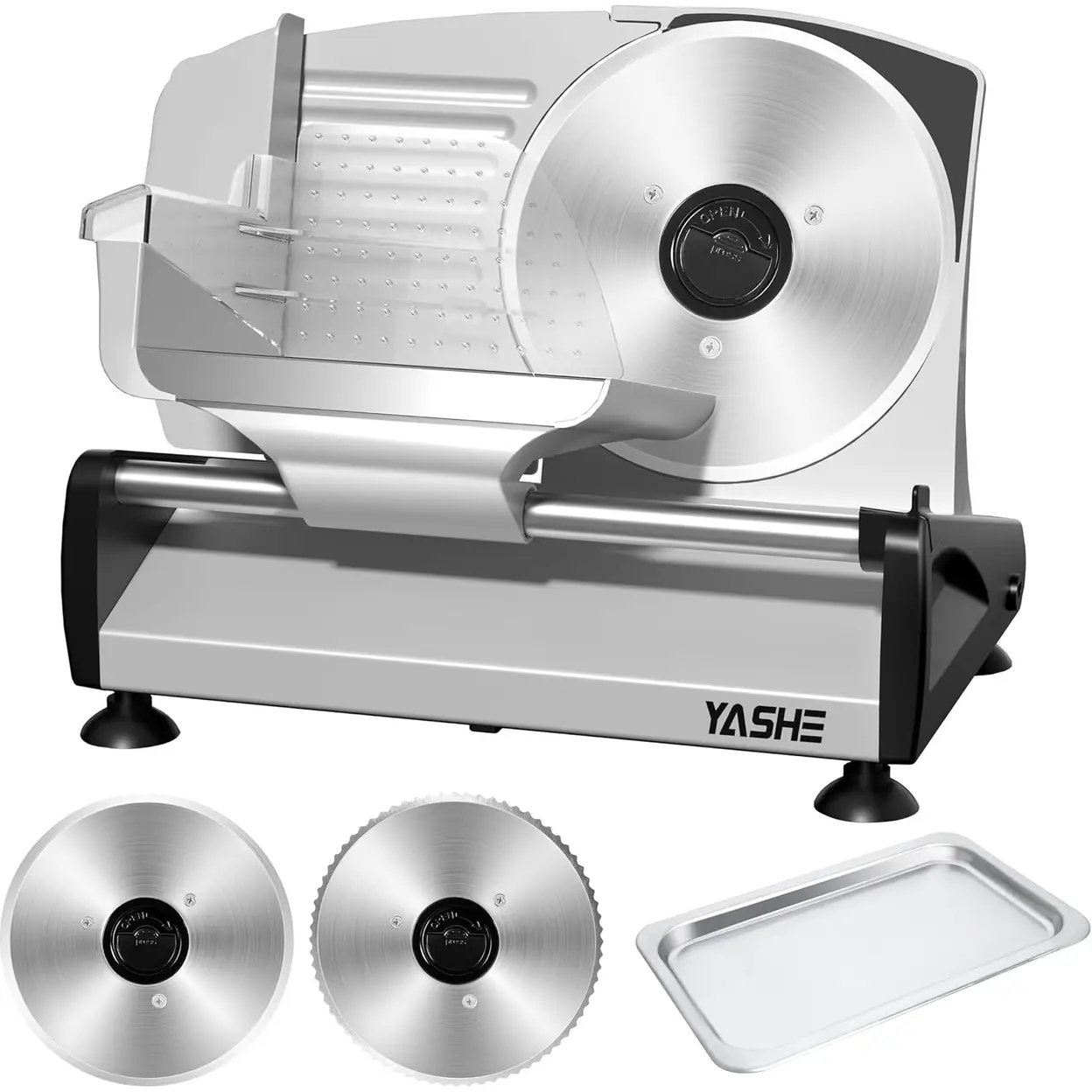 YASHE SL-5230D23C Elektrischer Allesschneider 200W, Brotschneidemaschine mit DC-Motor, 19 cm Edelstahlklinge, Schnittstärke 0-15 mm einstellbar, für Brot, Fleisch, Käse und Gemüse | Elektrische Aufschnittmaschinen