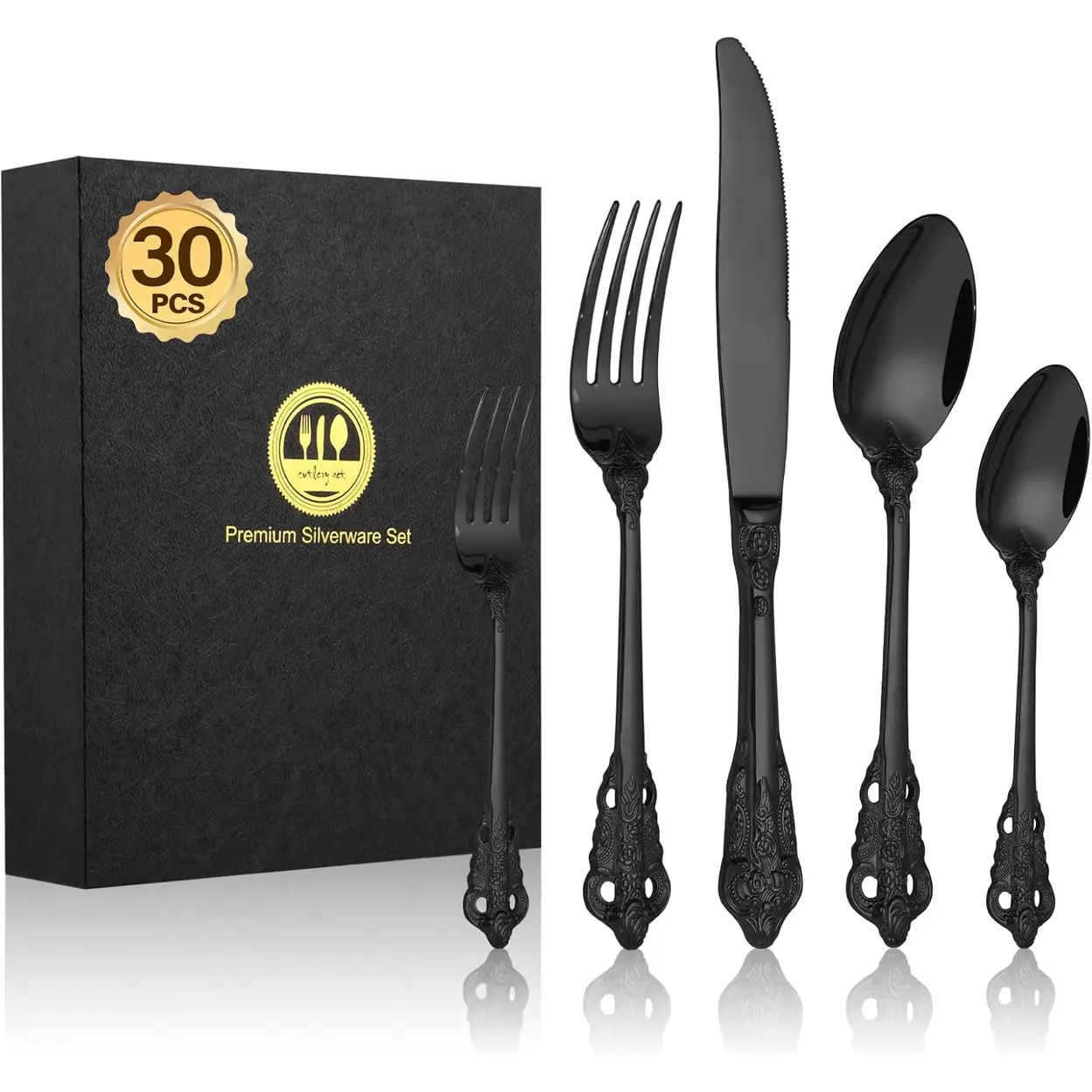 Besteckset aus Edelstahl, hochglanzpoliertes Besteck mit Messern, Gabeln und Löffeln, spülmaschinenfestes Tischgeschirr, langlebige und elegante Utensilien für den Gebrauch zu Hause, in der Küche und bei Partys. Schwarz-design-griffe-30 Stück