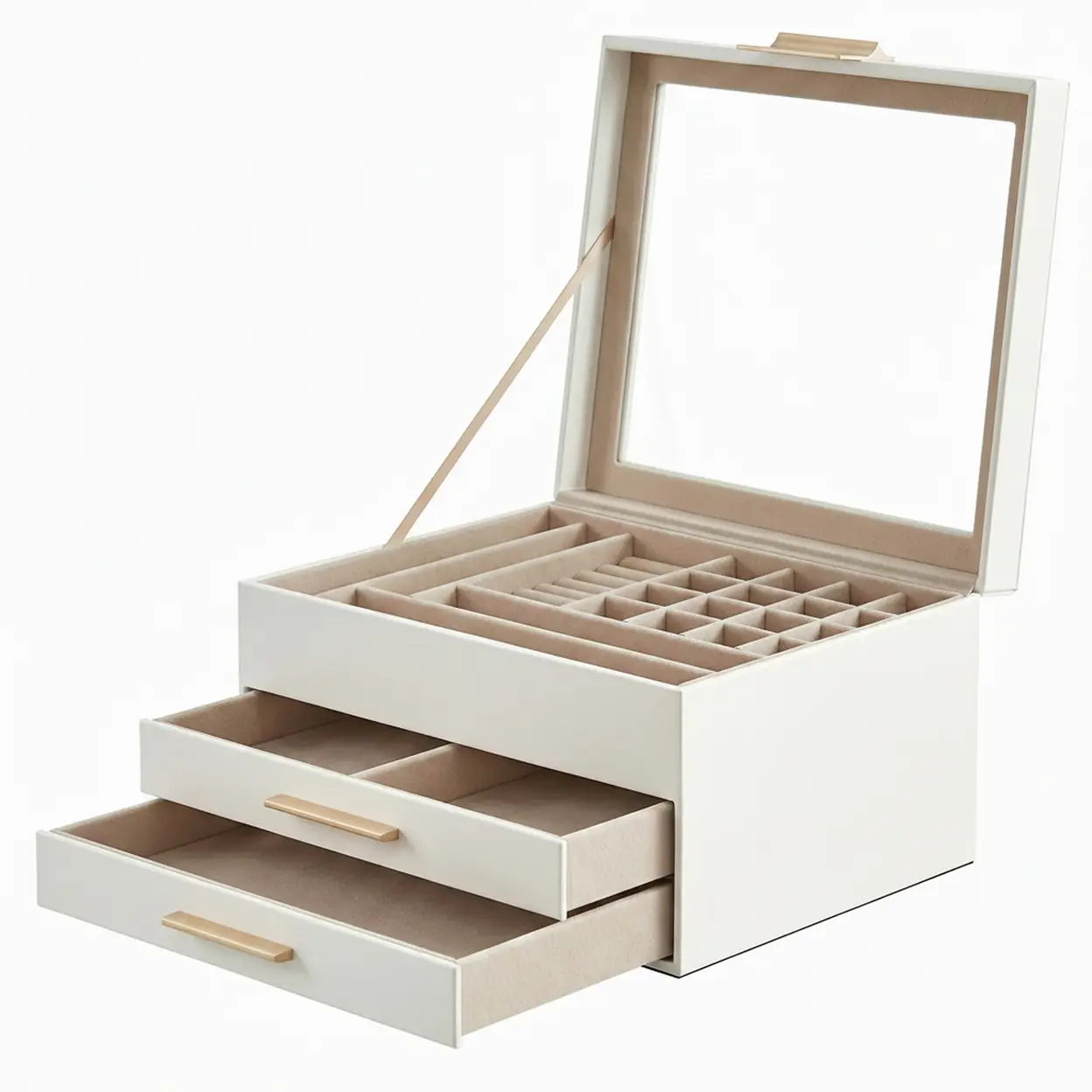 JOYFURNOS Schmuckkasten mit Glasdeckel, 3-lagiger Schmuckorganisator mit 2 Schubladen, Schmuckaufbewahrung, 20,3 x 23,1 x 13,5 cm, Weiß | Heimaufbewahrung