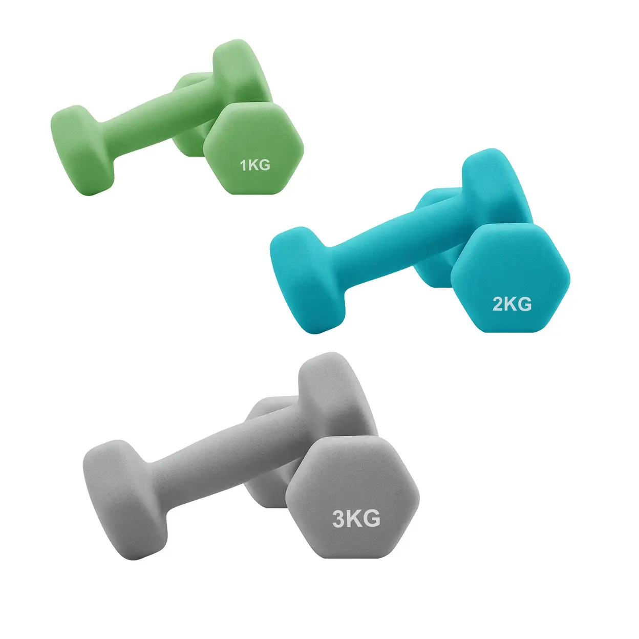 JOYFURNOS Limettengrün, Petrol und Hellgrau Sechskant-Hantelset – inklusive Ständer, 3 Paare (1 kg, 2 kg, 3