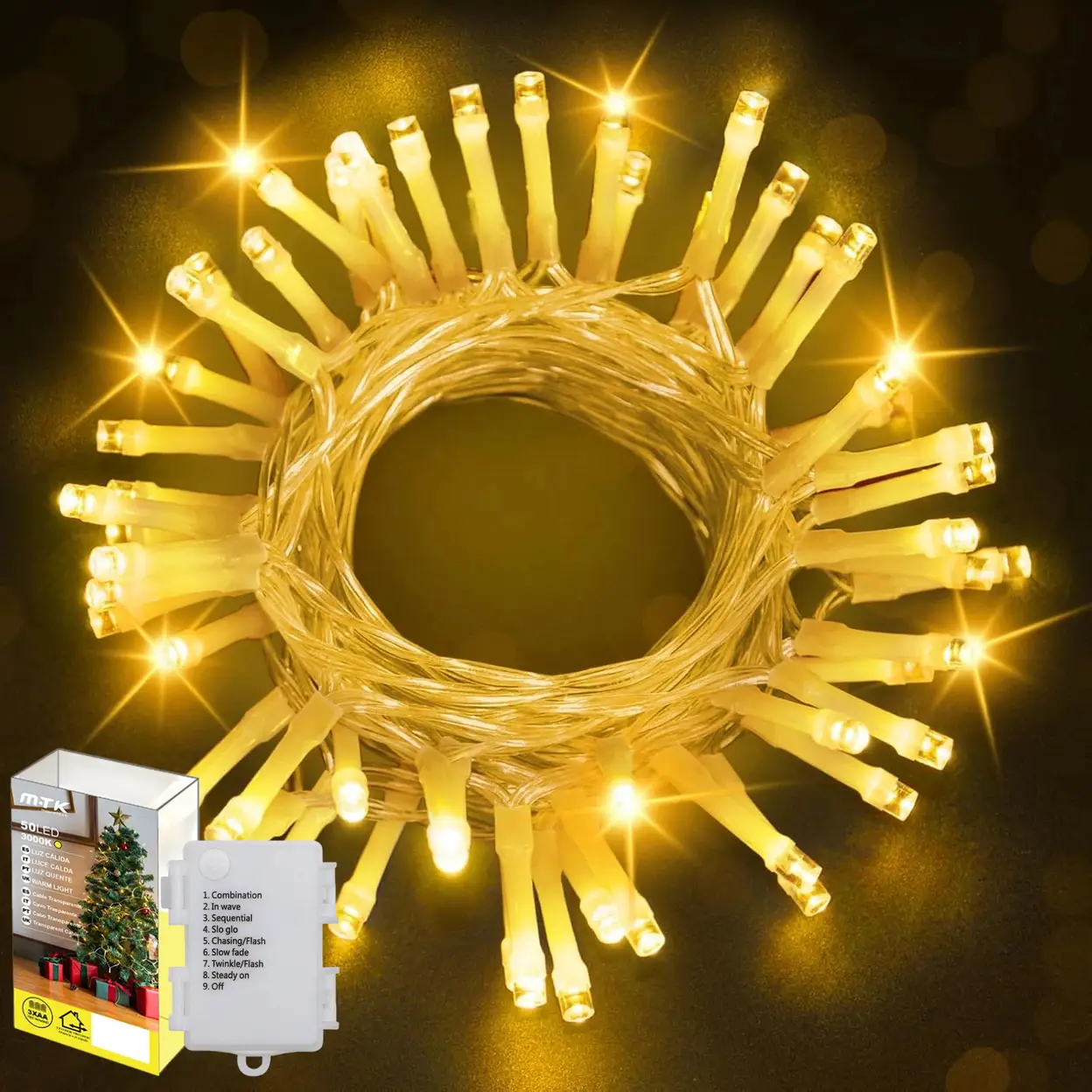 M.TK MOVETECK LED-Lichterkette 4 m 50 LEDs, Warmweiß Weihnachtsbaum-Lichter mit 8 Modi, wasserdicht IP44 für Außen- und Innendekoration | Weihnachten