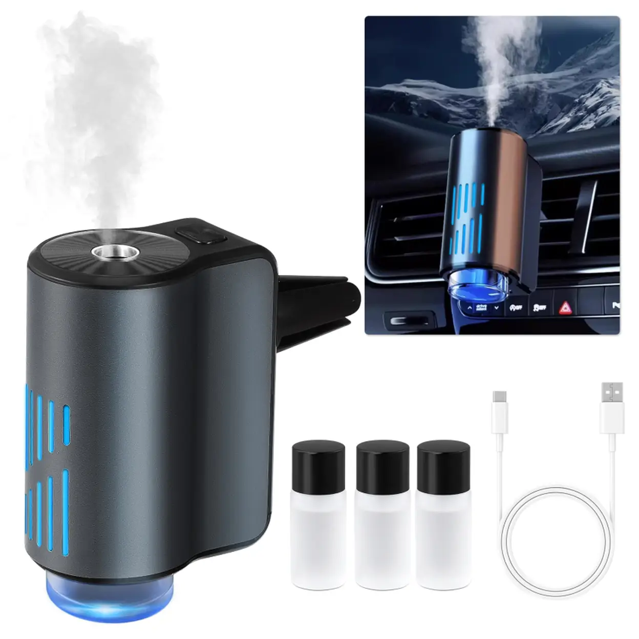 Intelligenter Auto-Duftspender, mit Atemlicht und 3 Duftstufen, 90° drehbarer Lüftungsgitterclip, USB-C Aufladung, inklusive 3 Flaschen Parfüm