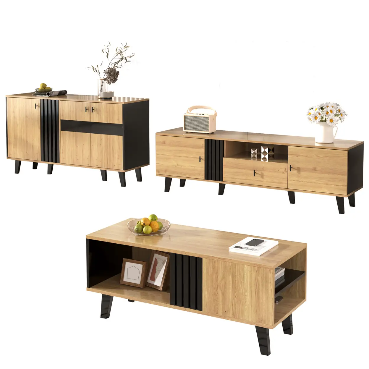 Wohnzimmermöbel Set 3-teilig – Couchtisch, TV-Schrank & Sideboard – modernes Design in Holz und Schwarz – Viel Stauraum, stilvolle Eleganz für jedes Zuhause | Aufbewahrungs- & Vitrinenschränke