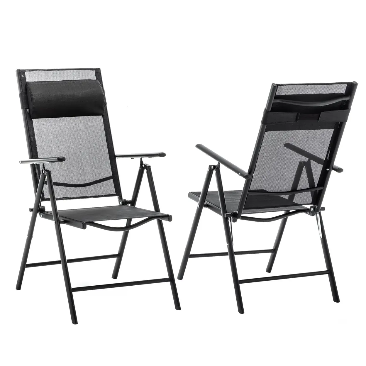 Gartenstuhl Hochlehner 2er Set Klappbar Gartenstühle mit Kopfkisssen, 130 KG Belastbar, Metall Campingstuhl Balkonstuhl Wetterfest für Garten, Terrasse, Balkon und Camping, Schwarz schwarz | Terrassenbestuhlung