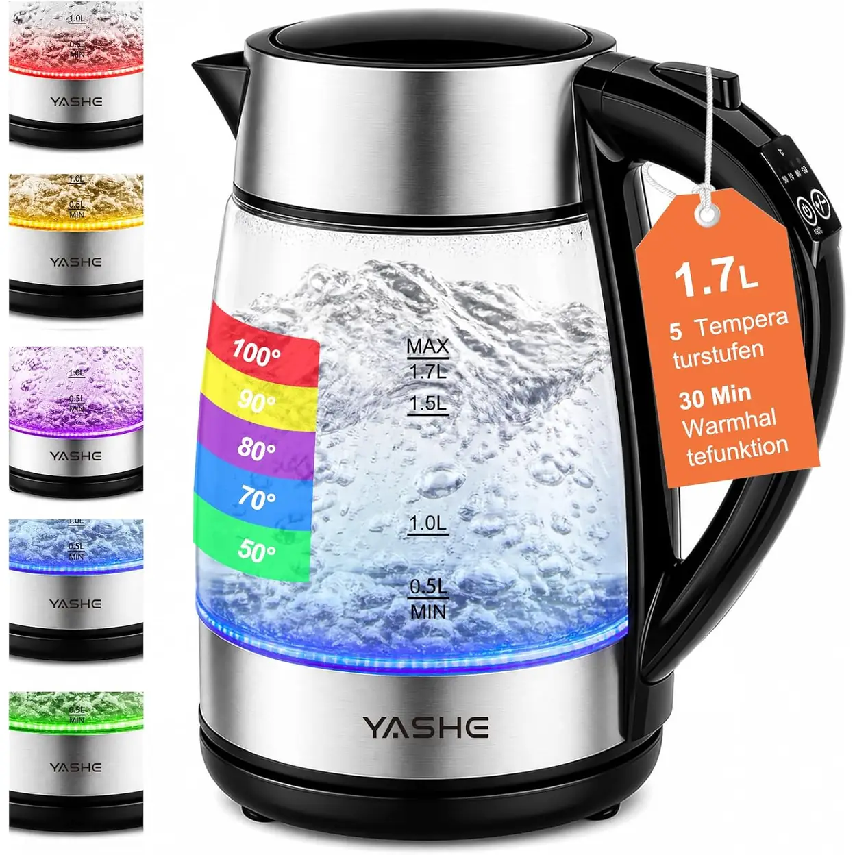 YASHE FK-1805-1-E Elektrischer Wasserkocher mit einstellbarer Temperatur, 1,7 L, 2200 W, Glas, 5-Farben-LED-Beleuchtung, 30 Minuten Warmhaltefunktion, Automatische Abschaltung und Trockengehschutz. | Wasserkocher & Heißwasserspender