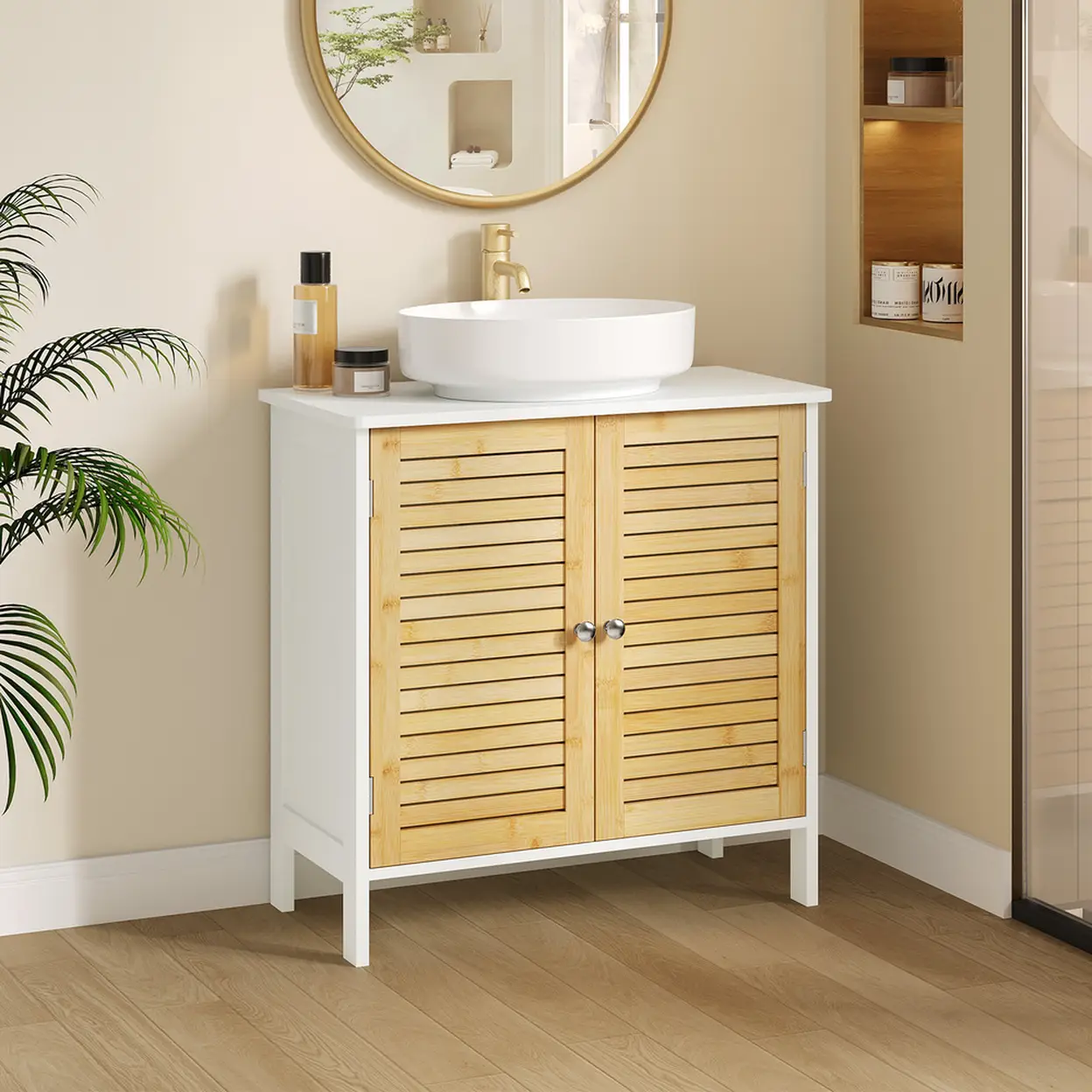 EUGAD Waschbeckenunterschrank, Doppeltr-Stauraum, Bambus MDF, 60x60x30 cm,  Wei + Bambus | Badaufbewahrung | Joybuy