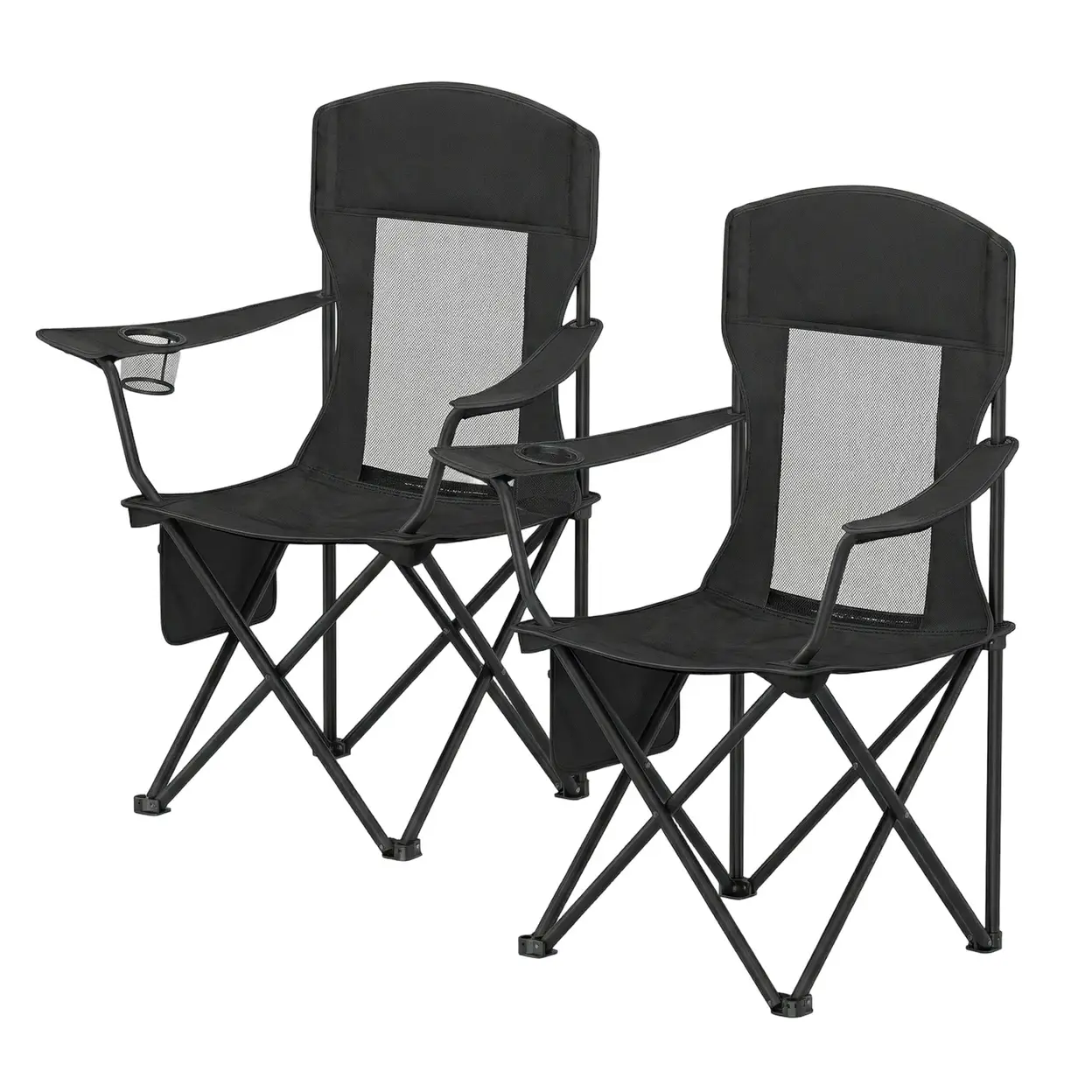 JOYFURNOS Campingstühle Set mit 2, leichte hochlehnige Klappstühle mit integriertem Getränkehalter und stabilem Stahlrahmen, 97 × 86,5 × 51,5 cm geöffnete Größe, ideal für Camping, Strand, Picknick, Angeln, Tailgating, Hinterhof, Schwarz