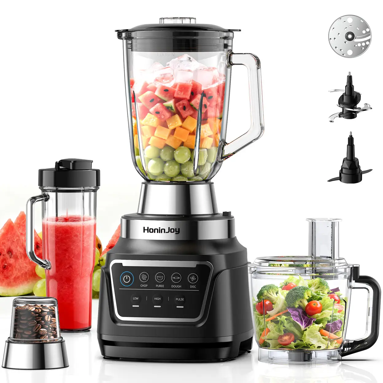 HoninJoy All-in-One Mixer & Küchenmaschine, 10-in-1 Profi-Mixer für Smoothies, Eiszerkleinerung, Teigherstellung, Zerkleinern, Mahlen, Schneiden & Raspeln, Spülmaschinengeeignet für Küche und Haushalt | Standmixer
