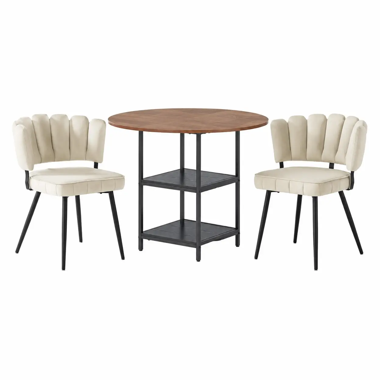 Essgruppe Für 2 Personen, Runder Esstisch 107 cm Mit Zwei Ablagen Und 2 Stoffstühlen | Esszimmer-Sets