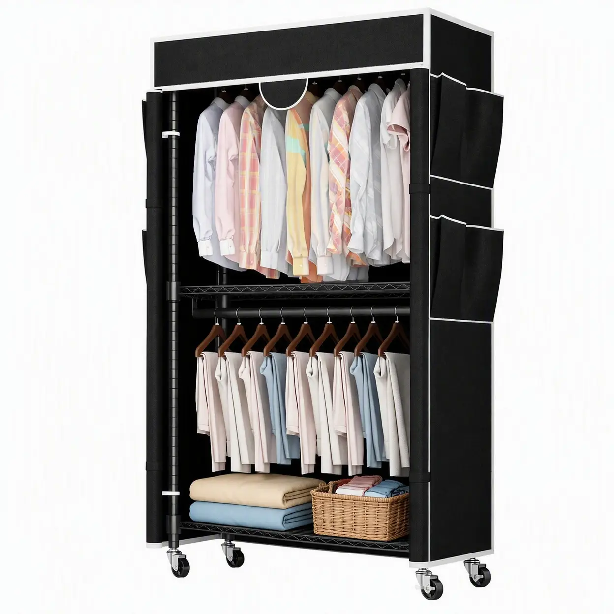 LUCKZON Kleiderständer offen mit Rollen, Faltschrank 90x45x204 cm mit Reißverschluss, Stoffschrank Kleiderschrank mit Kleiderstange, Fächern und Seitentasche - mit verstellbaren Regale Schwarz