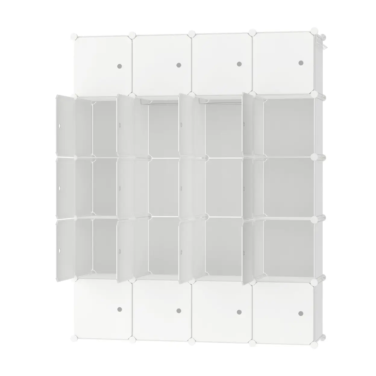 Kleiderschrank mit 20 Würfeln und Türen, Steckregalsystem aus PP-Kunststoff, 145 cm breit für Schlafzimmer und Eingangsbereich Weiß | Kleider- & Schrankaufbewahrung
