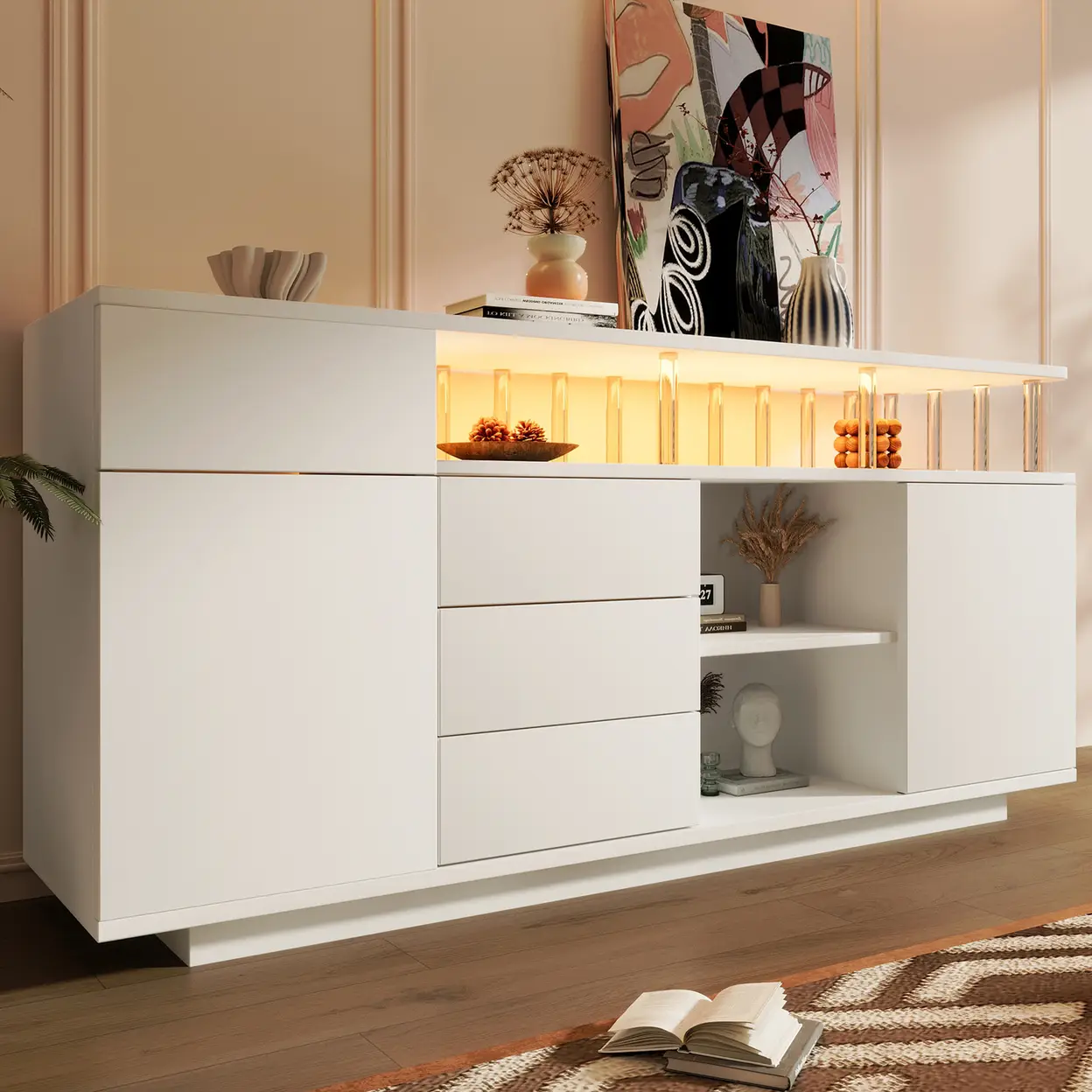 Sideboard 160x40x75 cm Weiß mit LED Beleuchtung und Acryl-Stützen, Kommode Holz Anrichte mit 4 Schubladen und 2 Türen, Mehrzweckschrank mit verstellbaren Einlegeböden für Wohnzimmer Küche Flur | Sideboards & Konsolentische