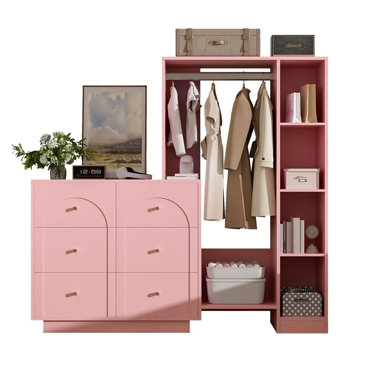 Kleiderschrank 139×35×133 cm, offen – Stange, 6 Schubladen, Regale Rosa | Kleiderschränke & Kleiderständer