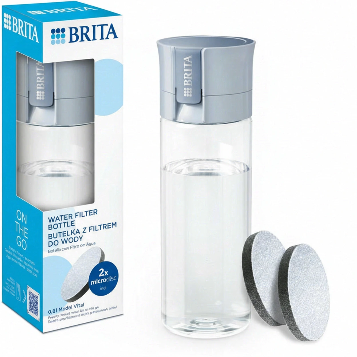 BRITA Vital Wasserfilter-Flasche Wasserfilter-Flasche Hellblau (600 ml) mit 2 MicroDisc-Filtern, für optimale Flüssigkeitszufuhr unterwegs, entfernt Chlor, Verunreinigungen und Hormone, erhält Mineralien | Reisebecher