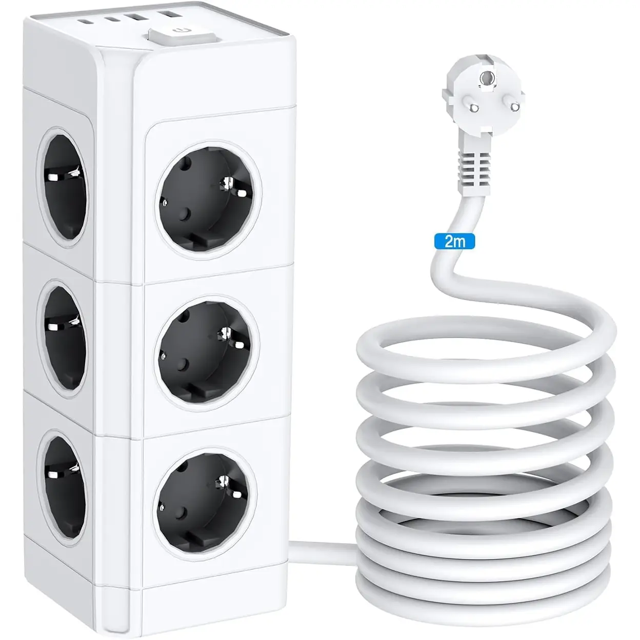 16-in-1 Steckdosen-Turm, Mehrfachsteckdose mit 12 Schuko-Steckplätzen & 4 USB-Ports (2× USB-A, 2× USB-C), 4000W, 2m Kabel, Überspannungsschutz, Hauptschalter, Weiß | Steckerleisten