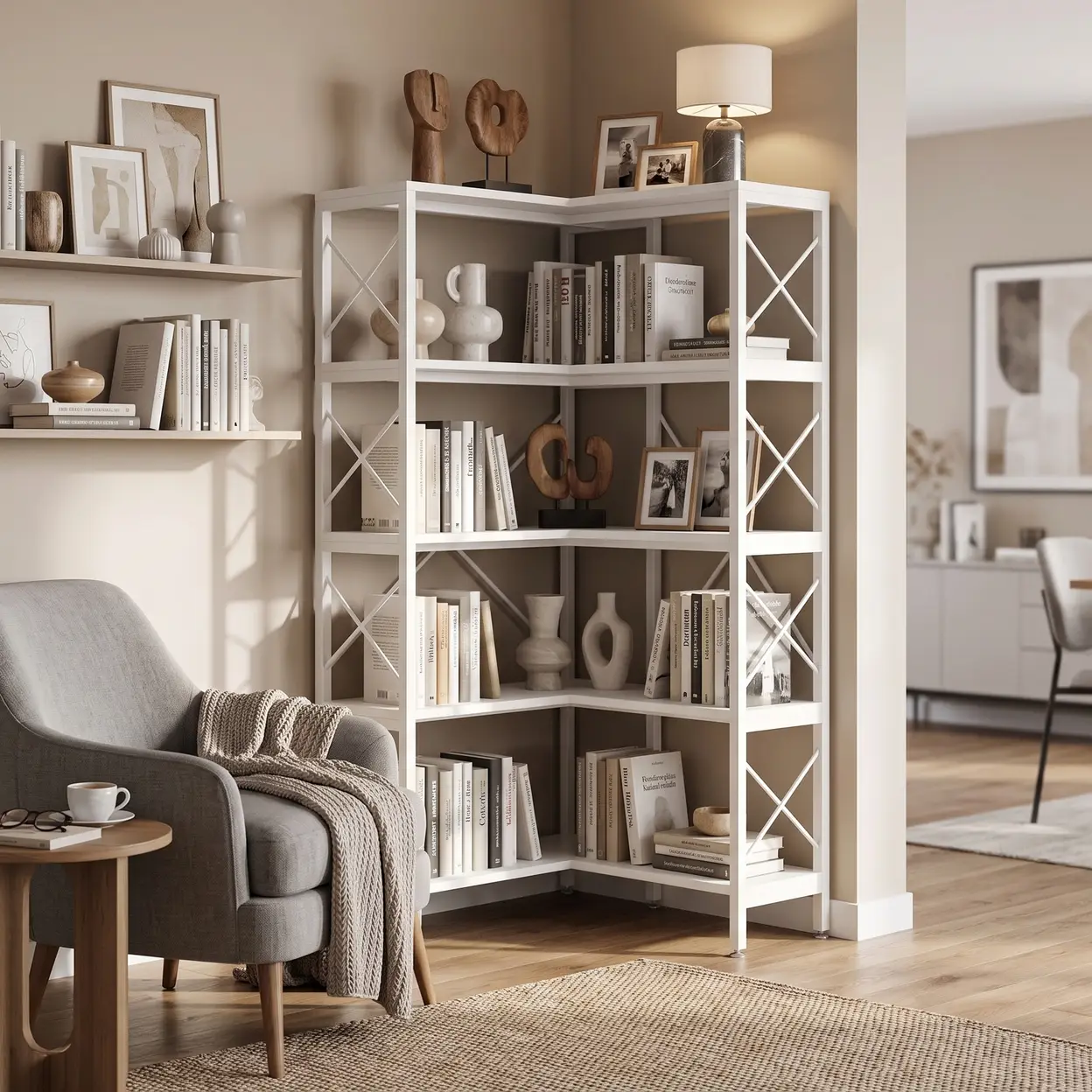 5-stöckiges Eck-Bücherregal, Aufbewahrungs- und Ausstellungsregal mit Metallrahmen für Wohnzimmer und Home Office, Weiß | Bücherregale & Regale