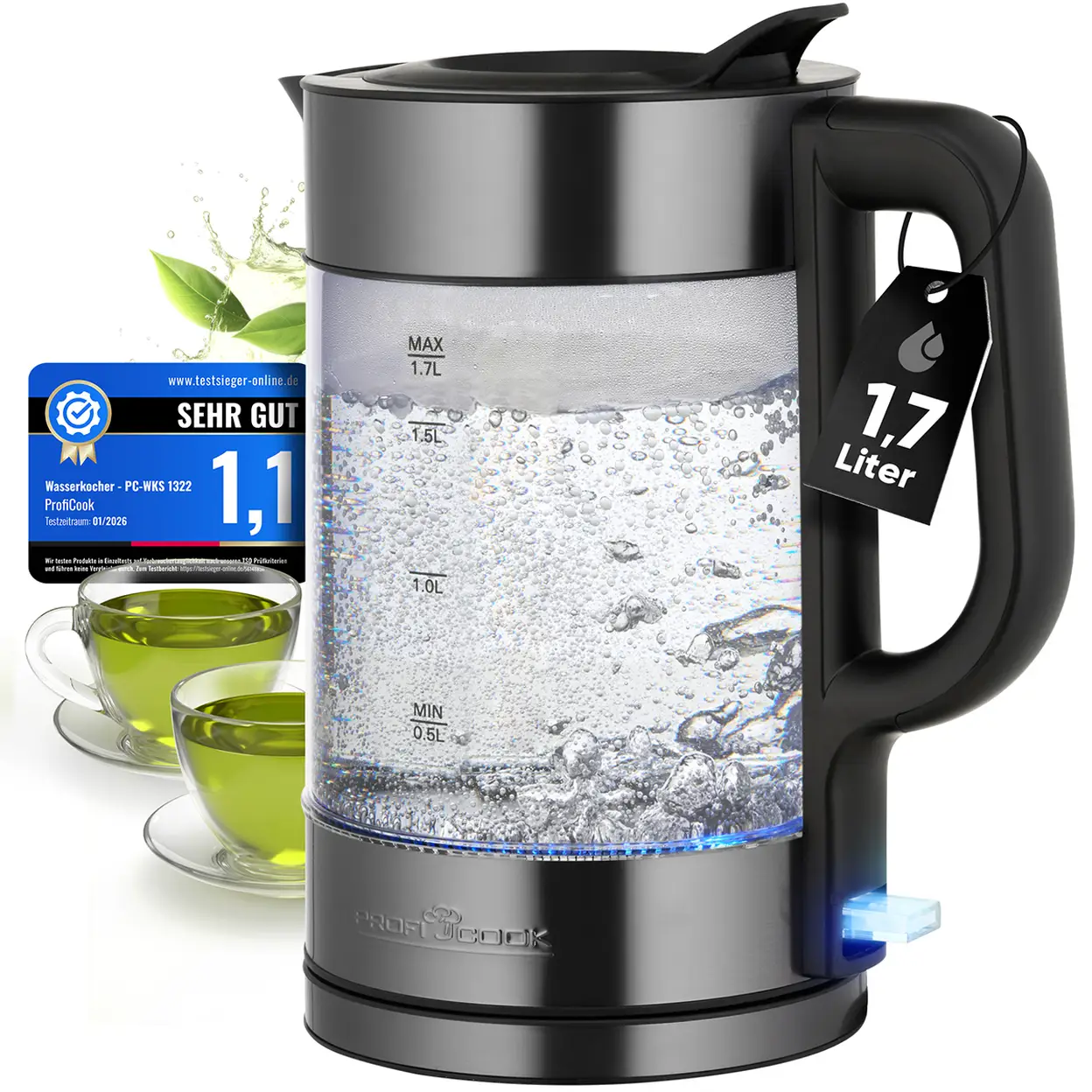 ProfiCook® Glas-Wasserkocher 1,7 L 2200 W beleuchtet, BPA-frei, Einhandbedienung | 360° drehbarer Sockel mit Kabelaufbewahrung, Wasserkocher, Edelstahlgehäuse, PC WKS 1322 dunkler Edelstahl | Wasserkocher & Heißwasserspender