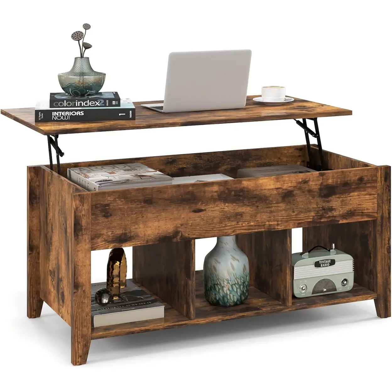 Table Rising From Box COSTWAY Rising Center Table with Lift Top Hidden Compartment-Rustic ...