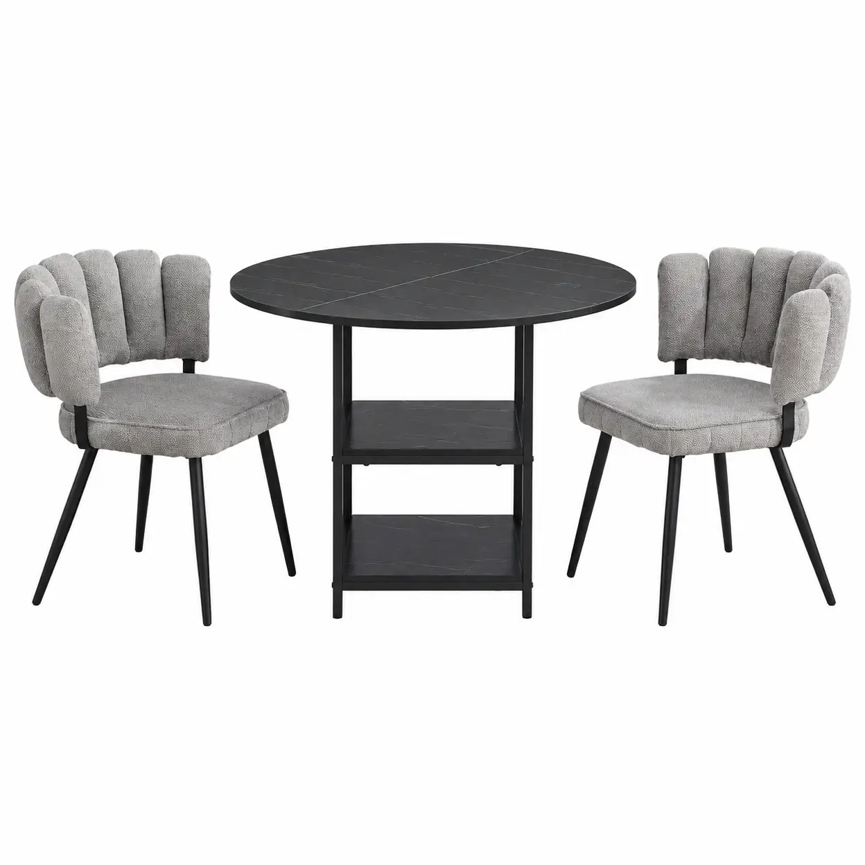 Essgruppe für 2 Personen mit rundem Esstisch, 107 cm, 2 offenen Ablagen und 2 grauen Stoffstühlen | Esszimmer-Sets