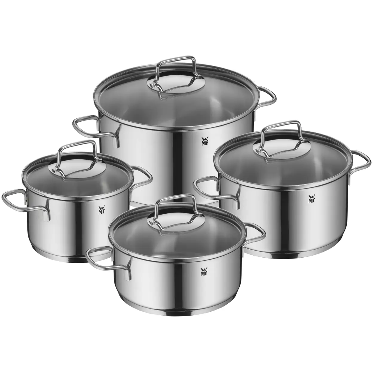 WMF Astoria Topfset Induktion 4-teilig, Kochtopf Set mit Glasdeckel, Cromargan Edelstahl poliert, Induktions Töpfe Set unbeschichtet | Topf- & Pfannensets
