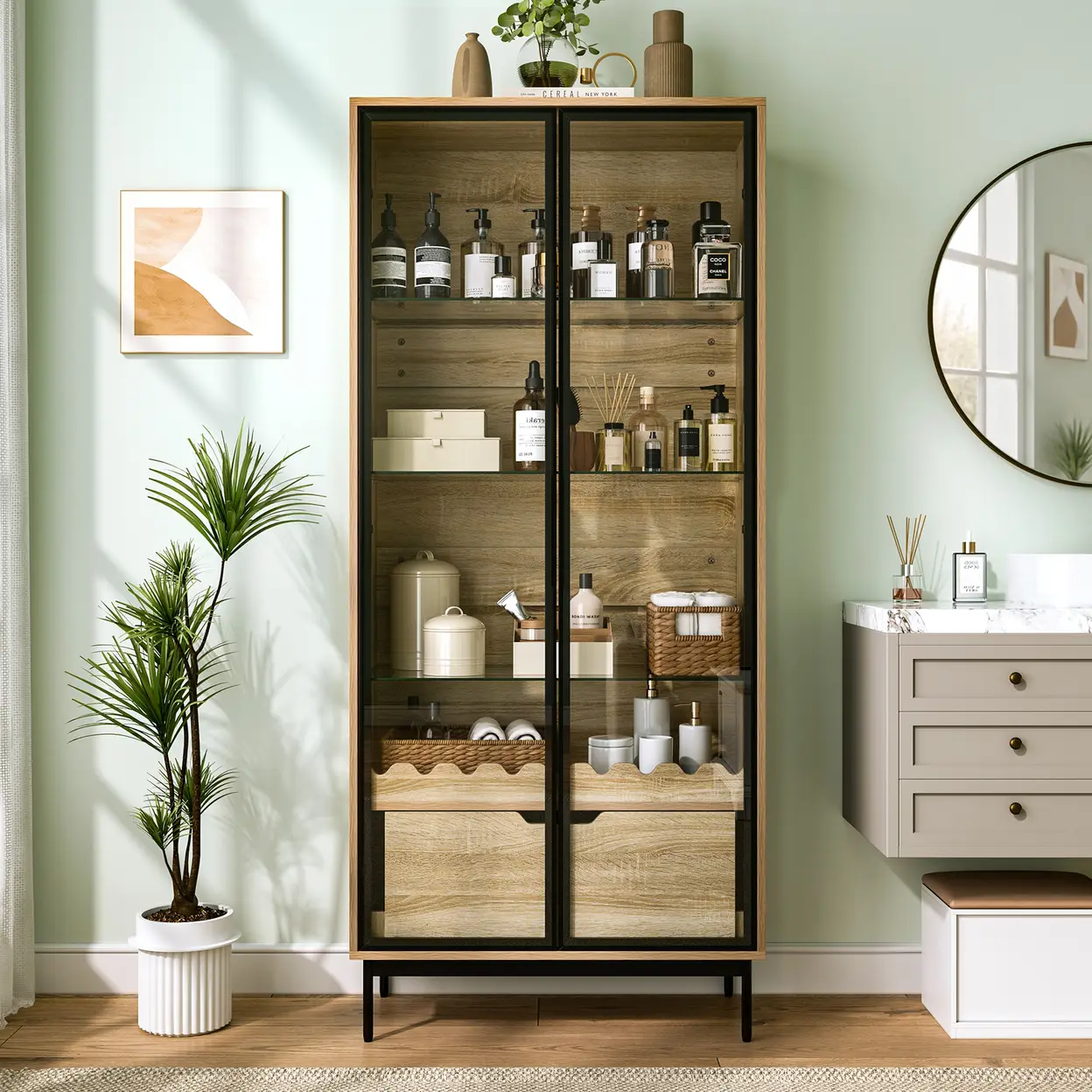Hochschrank mit Glastür, höhenverstellbaren Glasregalen, mit Schublade, Wellendekor, Metallfüßen – geeignet für Wohnzimmer, Schlafzimmer und Flur | Aufbewahrungs- & Vitrinenschränke