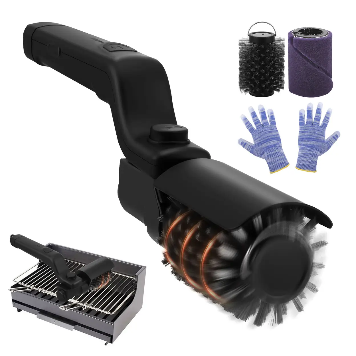 Elektrische Akku-Grillbürste, 3 Stufen, 180° drehbar, Edelstahl, Handschuhe | Grill- & Smoker-Zubehör
