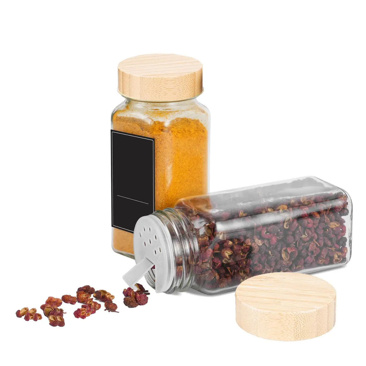 LZQ Gewürzgläser Eckig, Spice Jars Set mit Deckel, mit Streueinsatz und Etiketten, Acrylstift Beige 12 Stück | Gewürzstreuer