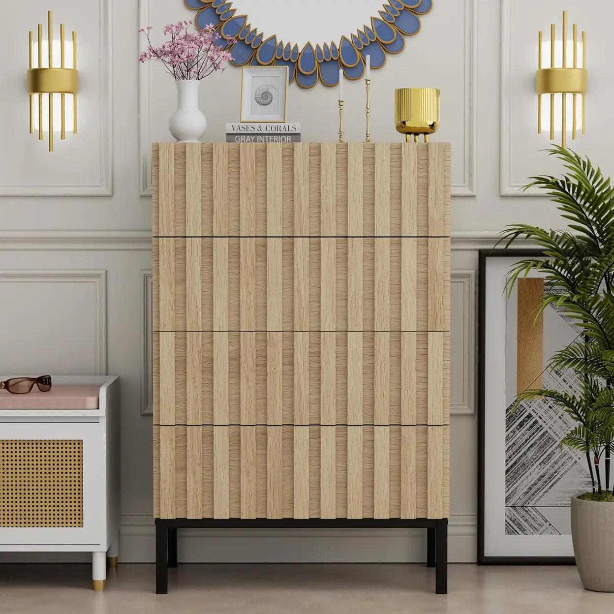 UEV Schubladenschrank mit Schubladen, 60 x 34,5 x 92 cm, Schrank mit 4 Schubladen, schmaler Schubladenschrank, Aufbewahrungsschrank, Schrank für Wohnzimmer, Schlafzimmer, Flur (Natur) | Aufbewahrungstruhen & Kisten