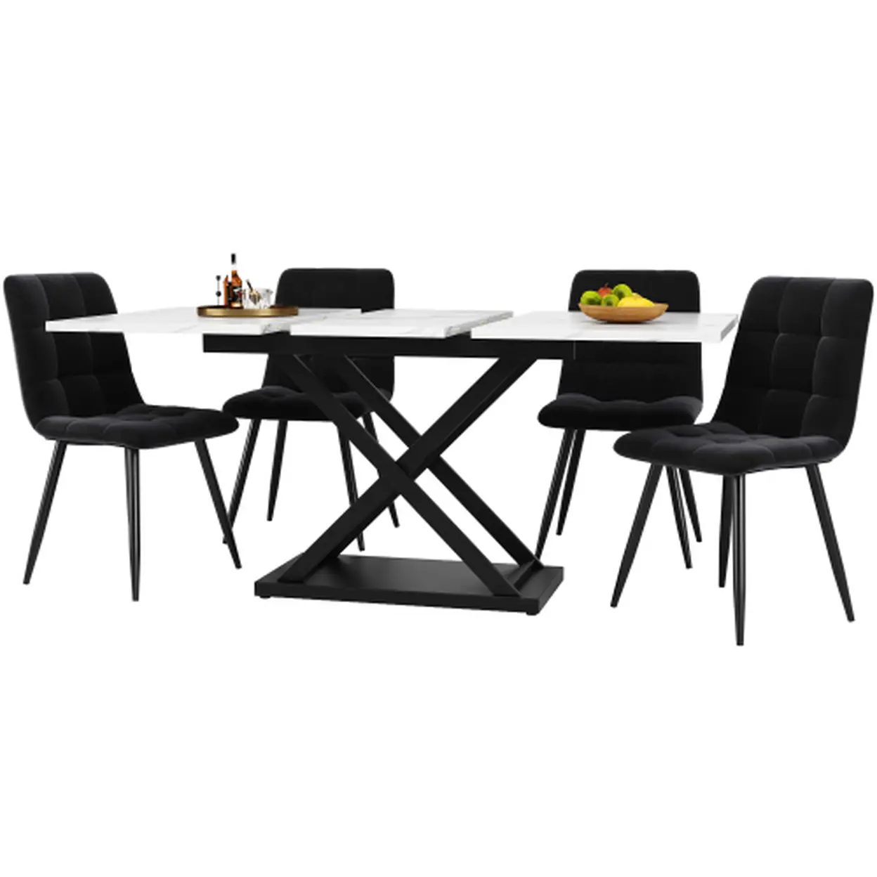 Esstischset Für 4 Personen, Ausziehbarer Tisch 120–160 × 80 × 75 cm Mit 4 Schwarzen Samtstühlen | Esszimmer-Sets