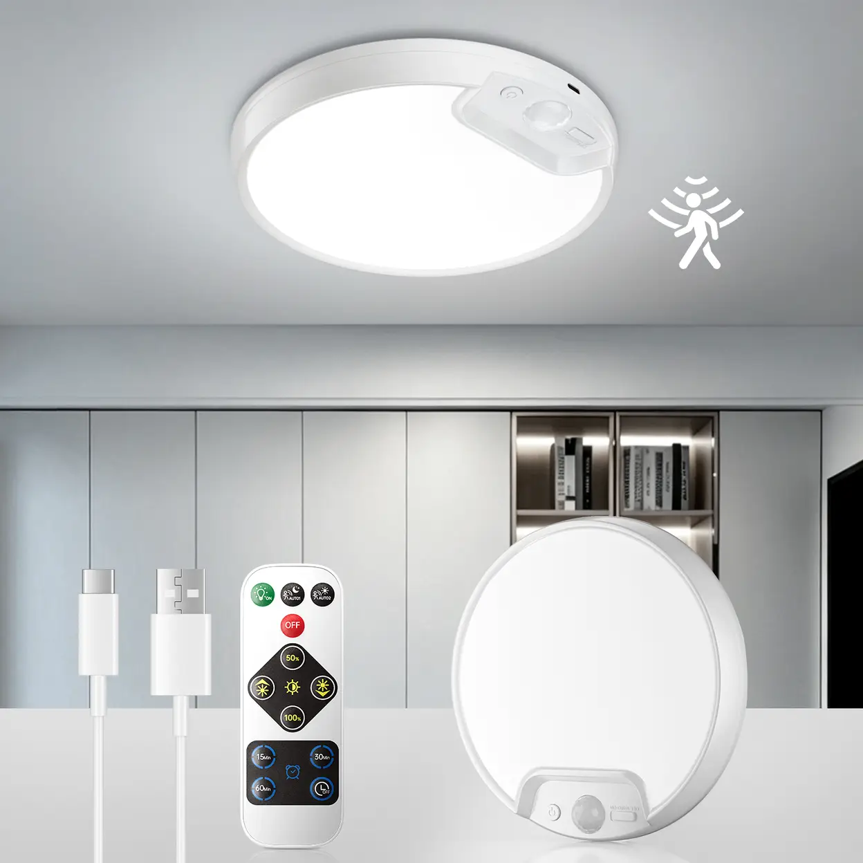 Neues verbessertes Bewegungsmelder-Deckenlicht, 8 Zoll 500LM LED- Deckenleuchte mit Fernbedienung, 8000mAh Akku, wiederaufladbare dimmbare Sensorleuchte für Badezimmer, Garage, Schuppen, Dachboden, Flur, Treppe | Pendelleuchten & Deckenbeleuchtung